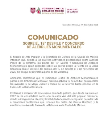 Documento oficial con membrete del Gobierno de la Ciudad de México y texto titulado Comunicado sobre el Desfile de Alebrijes Monumentales