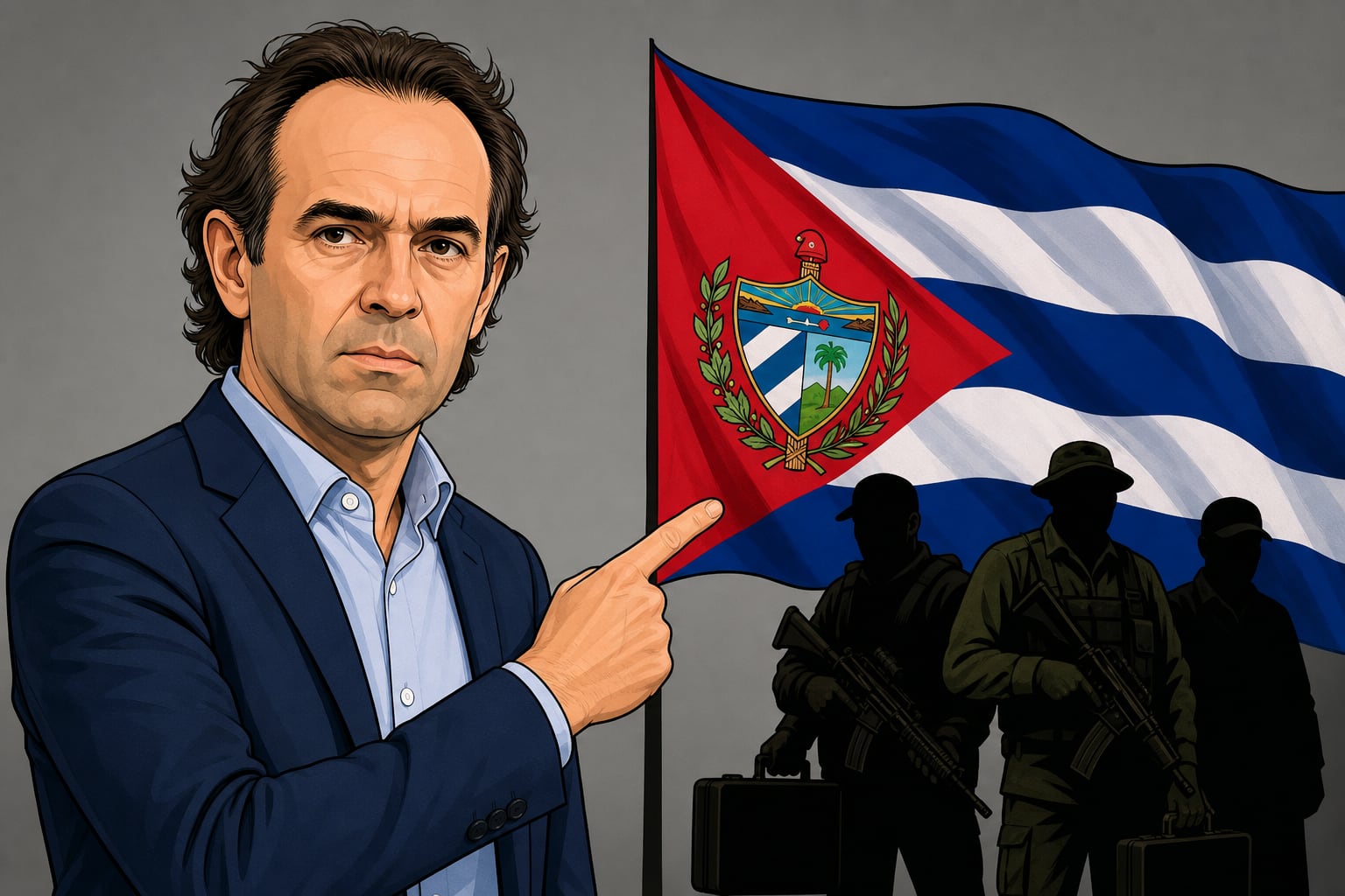 Una ilustración de Federico Gutiérrez, alcalde de Medellín, señala la bandera de Cuba junto a siluetas de hombres armados con maletines. (Imagen Ilustrativa Infobae)