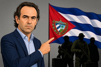 Ilustración de un hombre en traje que señala una bandera de Cuba con su escudo, junto a tres siluetas oscuras de hombres armados con maletines.
