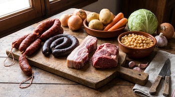 Chorizo, morcilla, tocino y carne sobre una tabla de madera junto a garbanzos en remojo, patatas, zanahorias, repollo, cebollas y ajos.