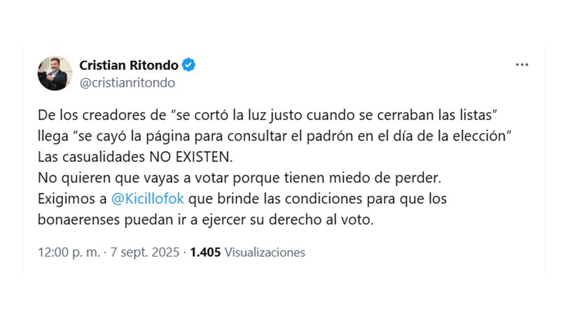 El tuit de Cristian Ritondo.