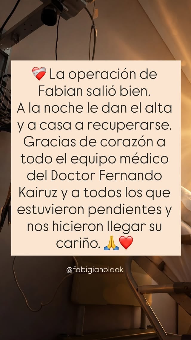 Un comunicado difundido en redes sociales informa el resultado de la operación del actor Fabián Gianola y anuncia su alta médica tras un siniestro vial.