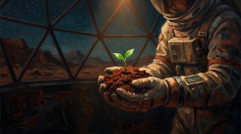 Pintura de un astronauta que sostiene tierra con un brote verde de dos hojas frente a ventanales triangulares y un paisaje rocoso.