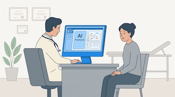 Ilustración de un médico ante un monitor con el texto AI Analysis y una paciente sentada al otro lado del escritorio.