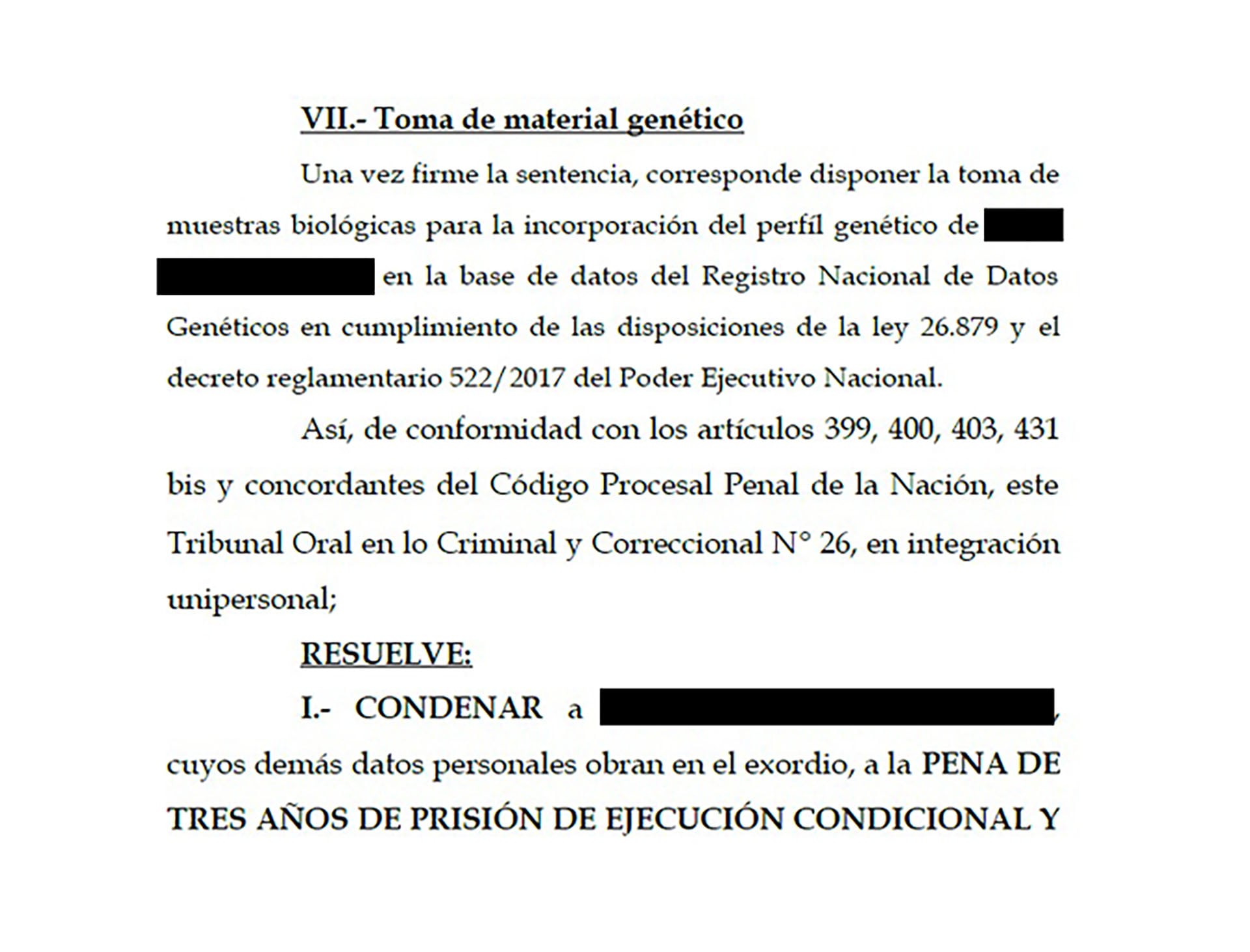 Fragmento de la condena a Pablo S. firmada por el juez Candela