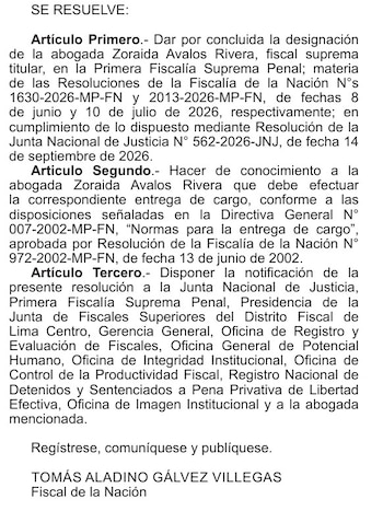 Texto impreso de una resolución oficial firmada por Tomás Aladino Gálvez Villegas como Fiscal de la Nación