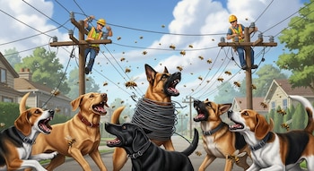Ilustración de dos linieros en postes eléctricos mientras un enjambre de abejas ataca a cinco perros, incluyendo un pastor alemán envuelto en cables, en un vecindario.