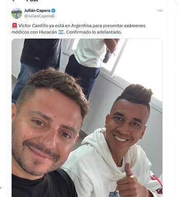 Post de Julián Capera confirmando el viaje de Víctor Cantillo a Argentina - crédito @JulianCaperaB/X