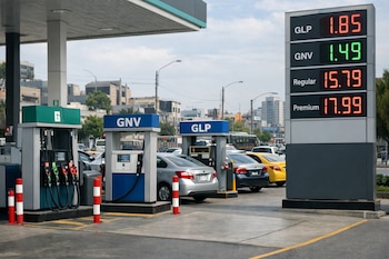 Vista frontal de una estación de servicio en Lima con surtidores de GNV, GLP y gasolina, un poste digital que muestra los precios y varios autos en fila.
