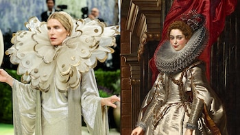 Imagen dividida: mujer rubia con cuello voluminoso blanco y dorado a la izquierda, y el retrato de Marchesa Brigida Spinola-Doria de Rubens con cuello similar a la derecha