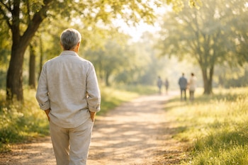 Hombre adulto de espaldas caminando por un sendero de tierra entre árboles, con las manos en los bolsillos. Se ven personas borrosas al fondo.
