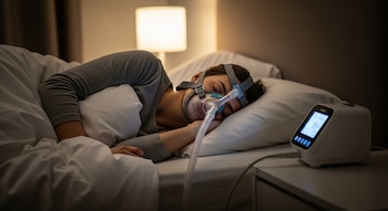 Una persona yace de lado en la cama, durmiendo con una mascarilla CPAP conectada a un dispositivo en la mesita de noche. Una lámpara iluminada se ve al fondo.