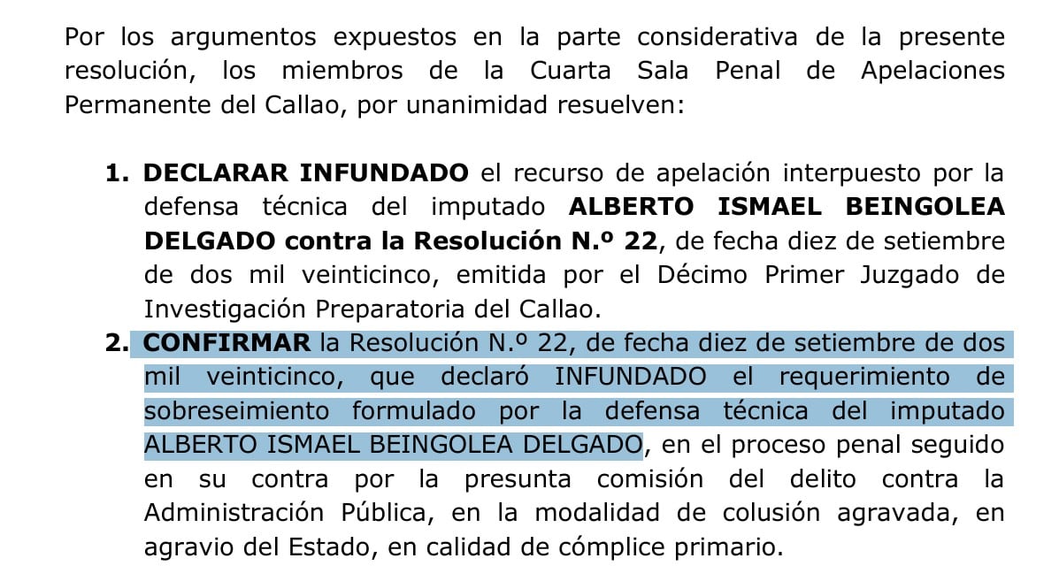 La Cuarta Sala Penal de Apelaciones del Callao ratifica la resolución que declaró infundado el sobreseimiento a favor de Alberto Beingolea Delgado por el delito de colusión agravada.