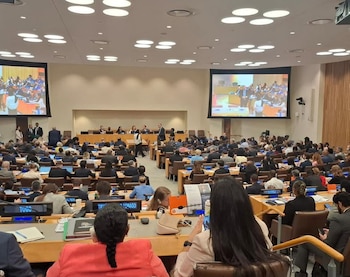 Sala de conferencias con cientos de delegados sentados en filas de escritorios, un podio principal y dos grandes pantallas que proyectan la presentación