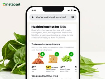 Esta ilustración distribuida por Instacart muestra la app de la empresa de entrega de comestibles que puede integrar ChatGPT para responder las preguntas de los clientes sobre alimentos. (Instacart, Inc. vía AP)