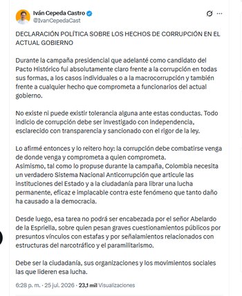 El excandidato presidencial Iván Cepeda Castro rechazó hechos de corrupción en el GObierno Petro - crédito @IvanCepedaCast/X