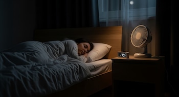 Mujer durmiendo en una cama con cabecero de madera. Un ventilador blanco y un reloj digital que muestra las 11:55 están sobre una mesita de noche.