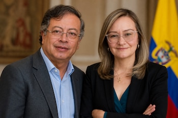 Gustavo Petro y Cielo Rusinque con gafas y vestimenta formal posan de pie junto a la bandera de Colombia.