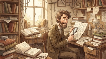 Hombre barbudo en estudio desordenado con libros y equipos. Sostiene una lupa y un papel con diagramas, sentado en un escritorio.