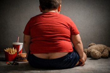 Un niño obeso, de espalda, con camiseta roja y pantalones oscuros, sentado en el suelo. Cerca hay patatas fritas, una hamburguesa, un refresco y un osito de peluche.