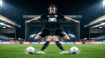 Un futbolista en uniforme oscuro patea dos balones simultáneamente en un campo de césped mojado con efecto de movimiento y duplicación.