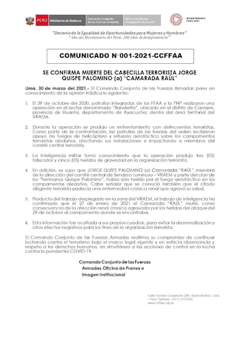 Comunicado del Comando Conjunto de las Fuerzas Armadas que confirma la muerte de Jorge Quispe Palomino, alias "Camarada Raúl". (Foto: CCFFAA)
