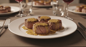 Primer plano de cuatro medallones de lomo cocidos con salsa cremosa de mostaza con granos sobre un plato blanco, con cubiertos y copas de vino desenfocados.
