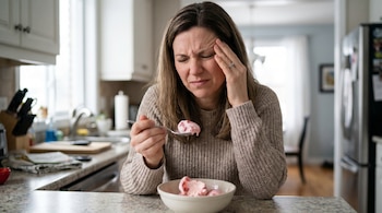 Mujer de mediana edad con suéter beige sostiene su sien con expresión de dolor mientras come helado rosado de un cuenco en una cocina luminosa.