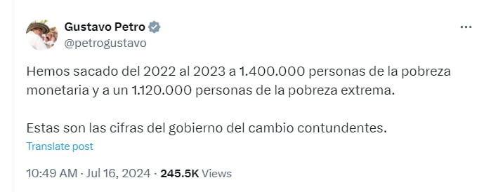 Gustavo Petro celebró los indicadores de pobreza monetaria en Colombia - crédito @petrogustavo/X