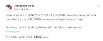 Gustavo Petro celebró los indicadores de pobreza monetaria en Colombia - crédito @petrogustavo/X