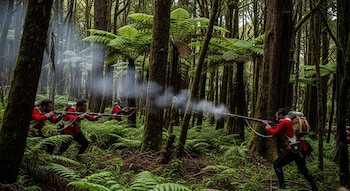 Grupo de soldados con uniformes rojos y mochilas, sosteniendo fusiles que emiten humo, en un denso bosque con árboles altos y helechos grandes.