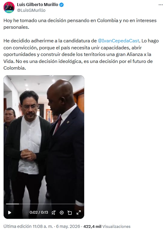 Luis Gilberto Murillo se sumó a la campaña de Iván Cepeda y fortalece la Alianza por la Vida - crédito @LuisGMurillo/X