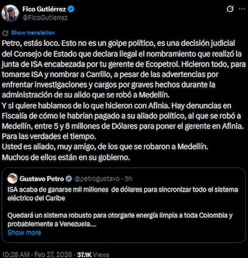 Federico Gutiérrez cuestionó a Gustavo