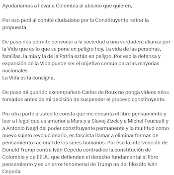 Petro confirmó que pidió retirar la propuesta de convocatoria a una constituyente y llamó a construir una “alianza por la vida”. - crédito @petrogustavo/X