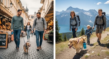 Dos escenas de turistas con mascotas: a la izquierda, hombres caminan con un perro en una ciudad; a la derecha, una familia y un perro caminan en la montaña.