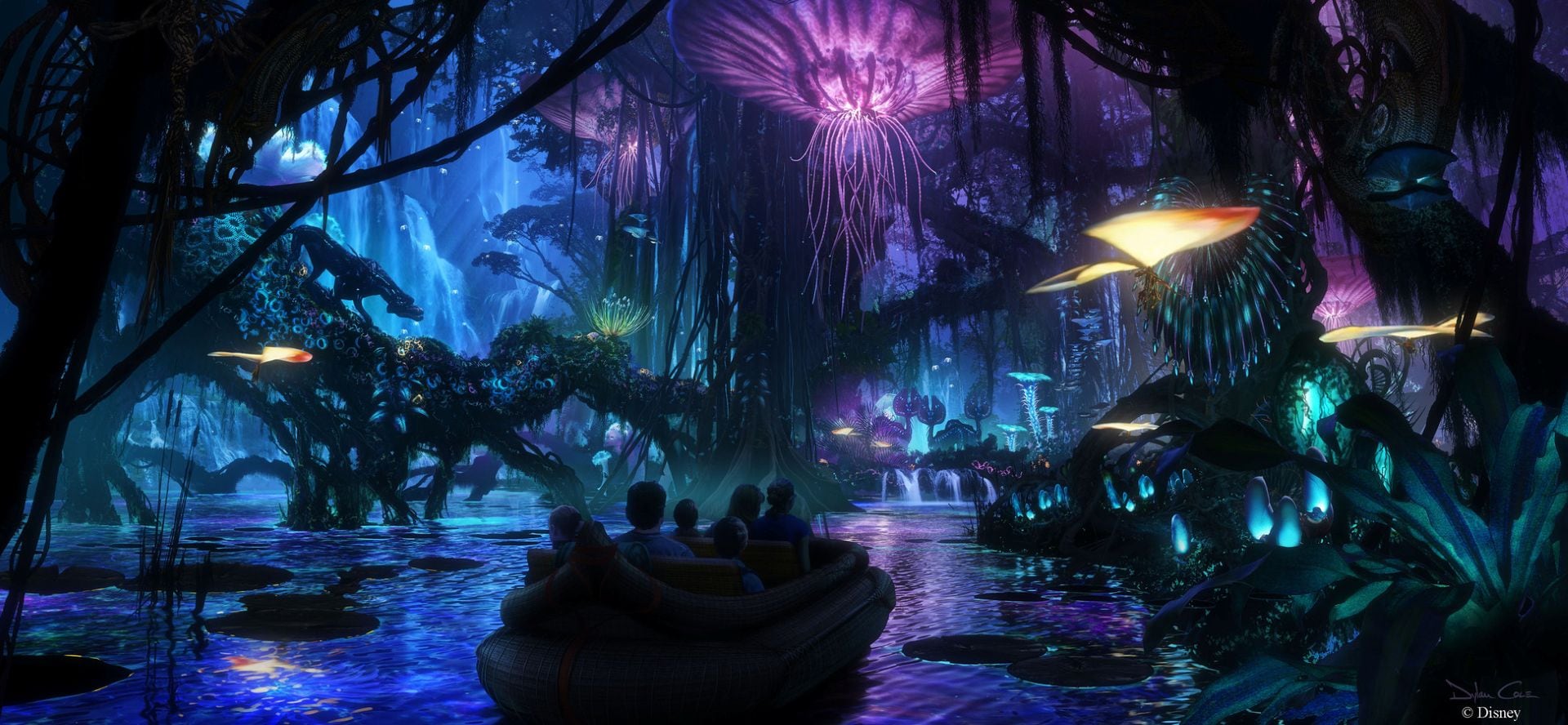 Una familia recorre Na’vi River Journey un recorrido emocionante (Cortesía © 2025 Disney. © 2025 20th Century Studios. Todos los derechos reservados.)