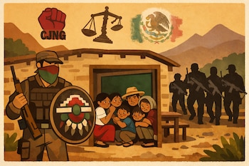 Ilustración de una comunidad Nahua con familias refugiadas en una escuela, custodiada por un guardia comunal, frente a un grupo armado. Símbolos del CJNG y gobierno en el cielo.