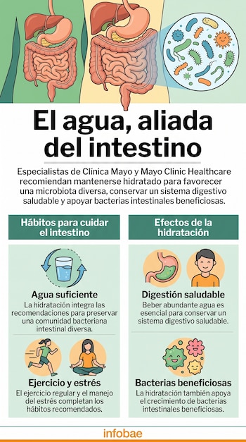Infografía con diagramas del sistema digestivo, bacterias de la microbiota, iconos de un vaso de agua, personas ejercitándose y meditando.