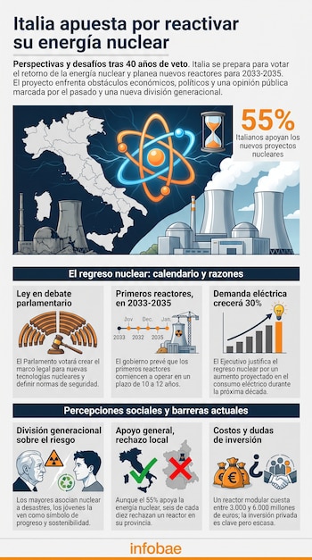 Infografía con mapa de Italia, plantas nucleares, átomo, reloj de arena, gráfico de barras, martillo de juez, línea de tiempo, figuras de personas, sacos de dinero, logotipo de Infobae.