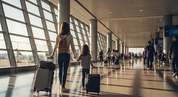 Vista trasera de una mujer con mochila y un niño, ambos con maletas, caminando por una terminal de aeropuerto con grandes ventanales y aviones al fondo.