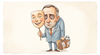 Ilustración de un hombre con traje que sostiene una máscara sonriente al lado de su rostro con ojeras y sostiene un maletín repleto de objetos.