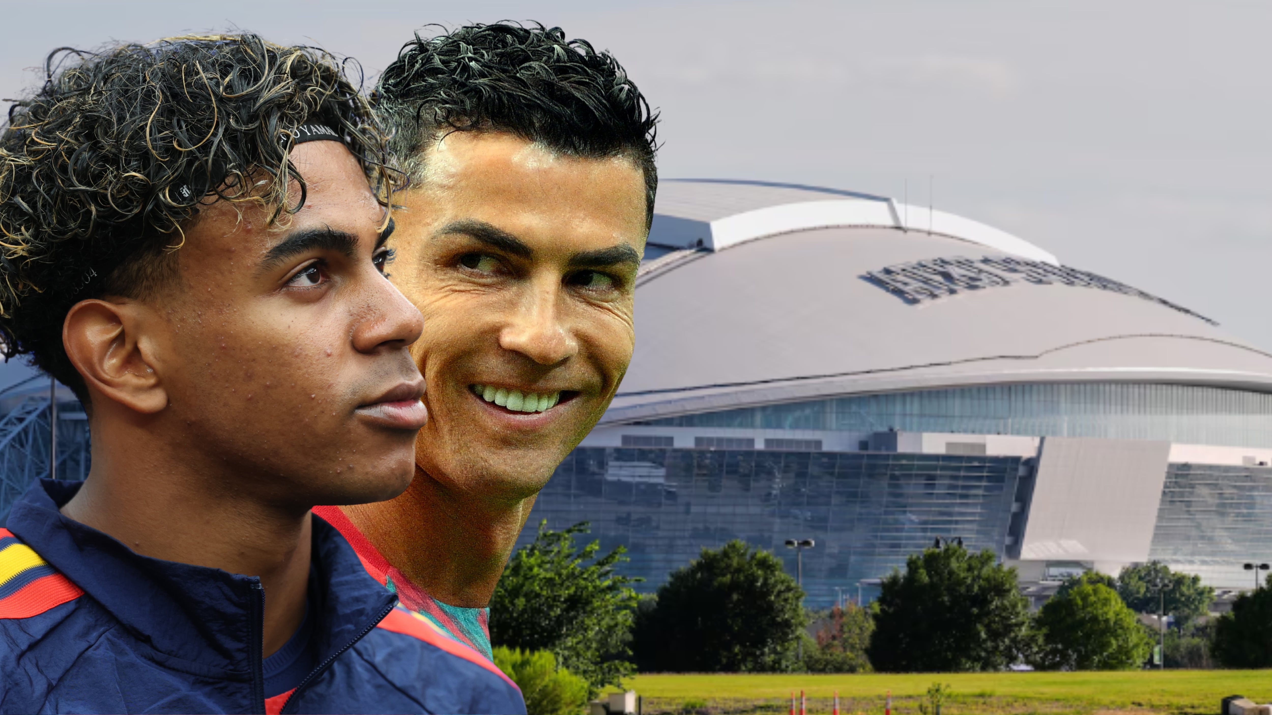 Lamine Yamal y Cristiano Ronaldo. De fondo, el estadio de Dallas, donde se juega el España-Portugal.