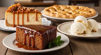 sticky toffee pudding, cheesecake de dulce de leche y apple pie