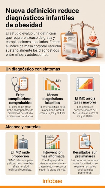 Infografía con fondo beige sobre la obesidad infantil que incluye íconos de una báscula, un historial médico, gráficos e ilustraciones.