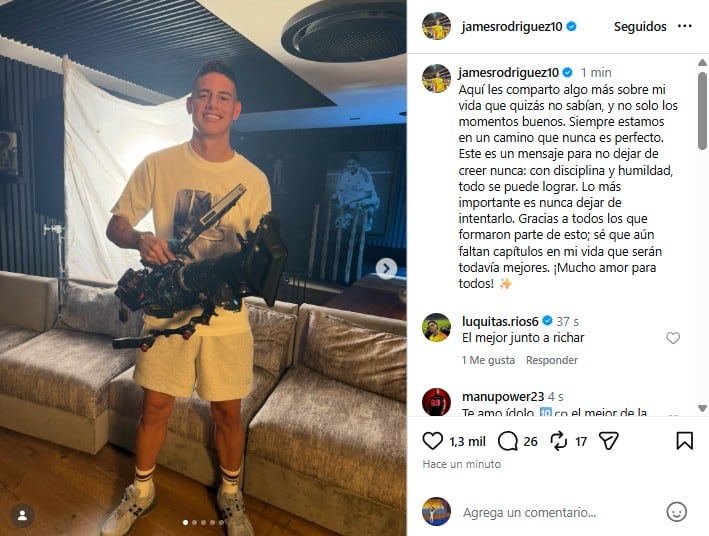 El futbolista agradeció por el apoyo recibido a la serie documental estrenada en Netflix el 21 de mayo - crédito @jamesrodriguez10/Instagram