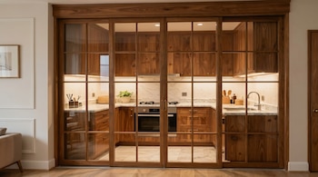 Cocina moderna vista a través de puertas correderas de madera y cristal. Se aprecian gabinetes de madera, encimeras de mármol blanco y electrodomésticos de acero inoxidable.