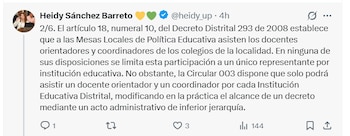 La concejala Heidy Sánchez denunció que la Circular 003 de 2026 y el Memorando I-2026-85519 restringen el derecho de participación del sector educativo - Heidy Sánchez/X