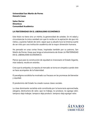Carta de Álvaro Uribe a