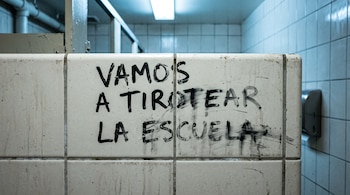 Un mensaje escrito con rotulador negro sobre azulejos blancos que dice vamos a tirotear la escuela.