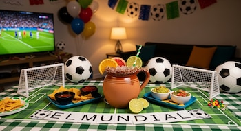 mesa festiva com toalha de mesa no campo de futebol, pote de barro com frutas, sanduíches e bolas, com jogo de futebol na TV ao fundo.